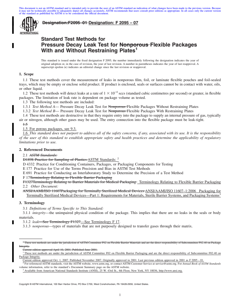 REDLINE ASTM F2095-07 - Standard Test Methods for Pressure Decay Leak Test for Flexible Packages With and Without Restraining Plates