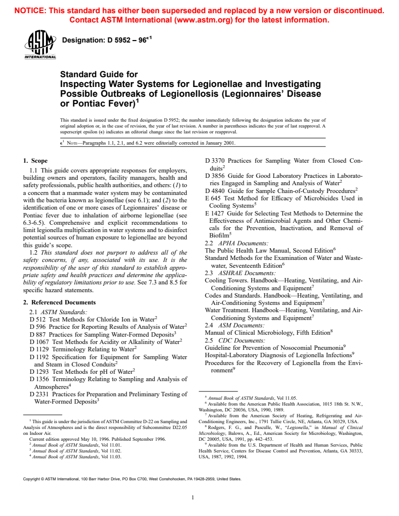 ASTM D5952-96e1 - Standard Guide for Inspecting Water Systems for Legionellae and Investigating Possible Outbreaks of Legionellosis (Legionnaires' Disease or Pontiac Fever)