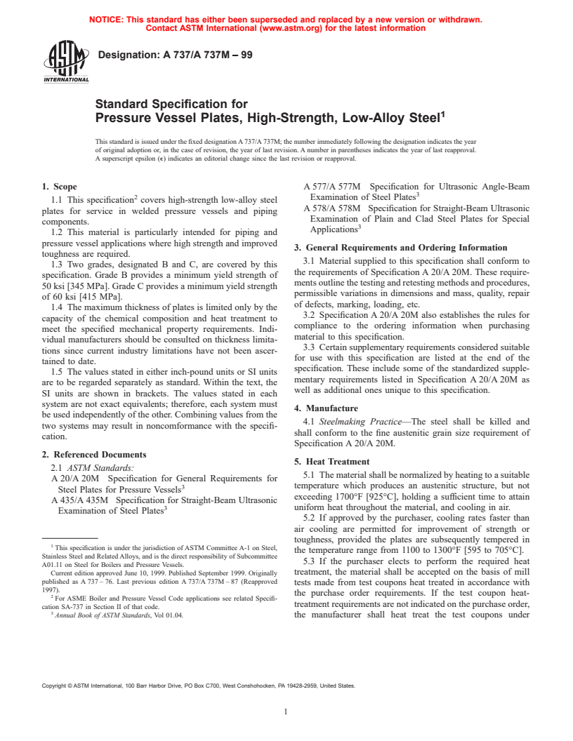 ASTM A737/A737M-99 - Standard Specification for Pressure Vessel Plates, High-Strength, Low-Alloy Steel