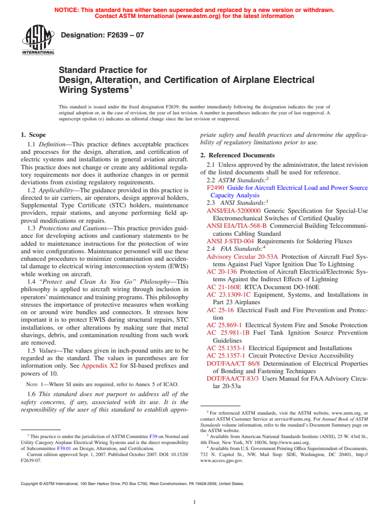 ASTM F2639-07 - Standard Practice for Design, Alteration, and Certification of Airplane Electrical Wiring Systems