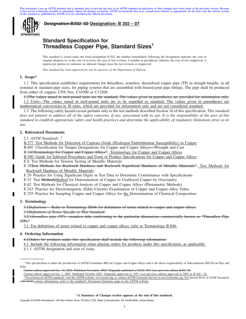 REDLINE ASTM B302-07 - Standard Specification for Threadless Copper Pipe, Standard Sizes