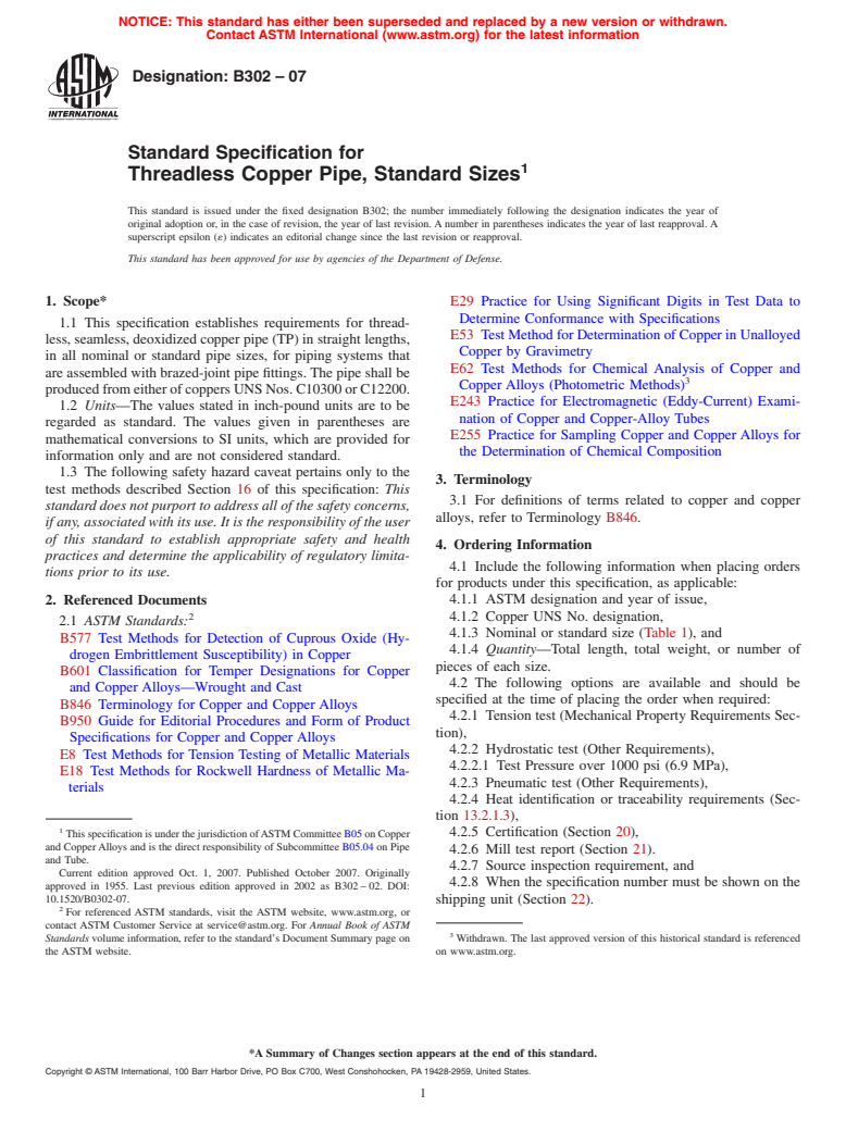 ASTM B302-07 - Standard Specification for Threadless Copper Pipe, Standard Sizes