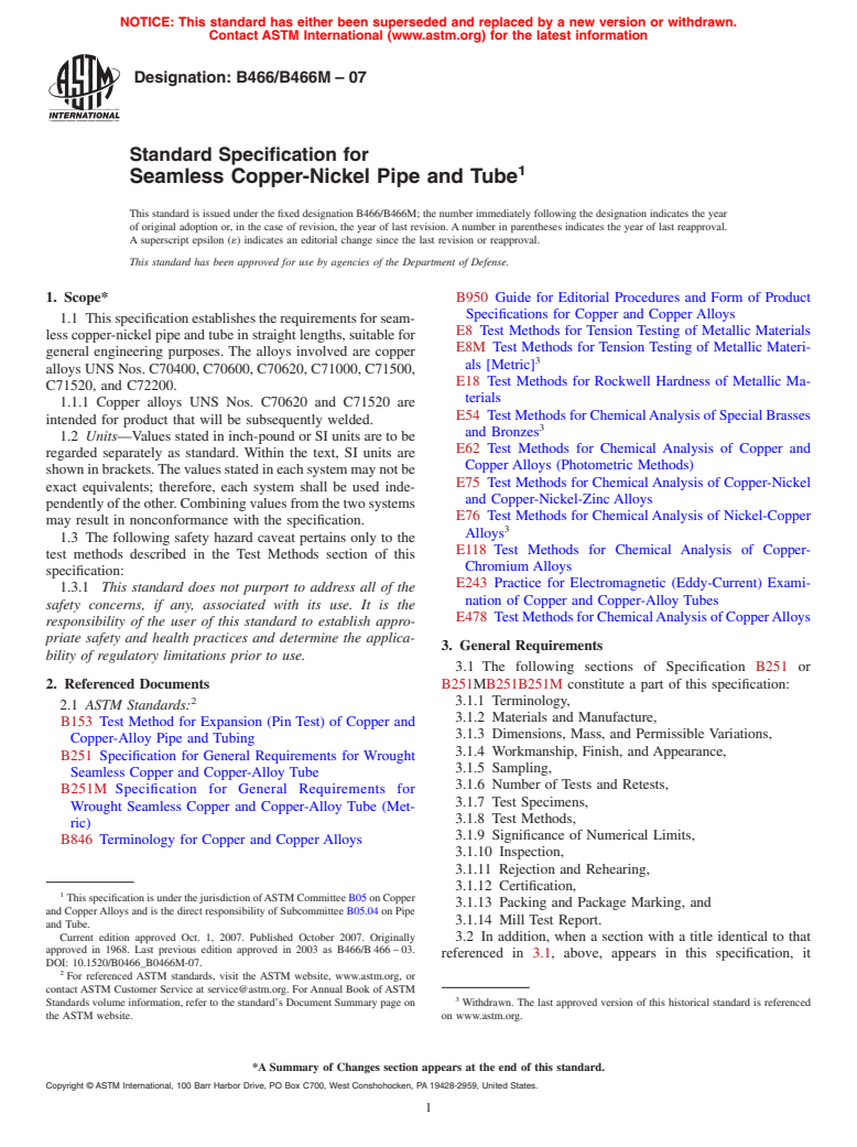 ASTM B466/B466M-07 - Standard Specification for Seamless Copper-Nickel Pipe and Tube