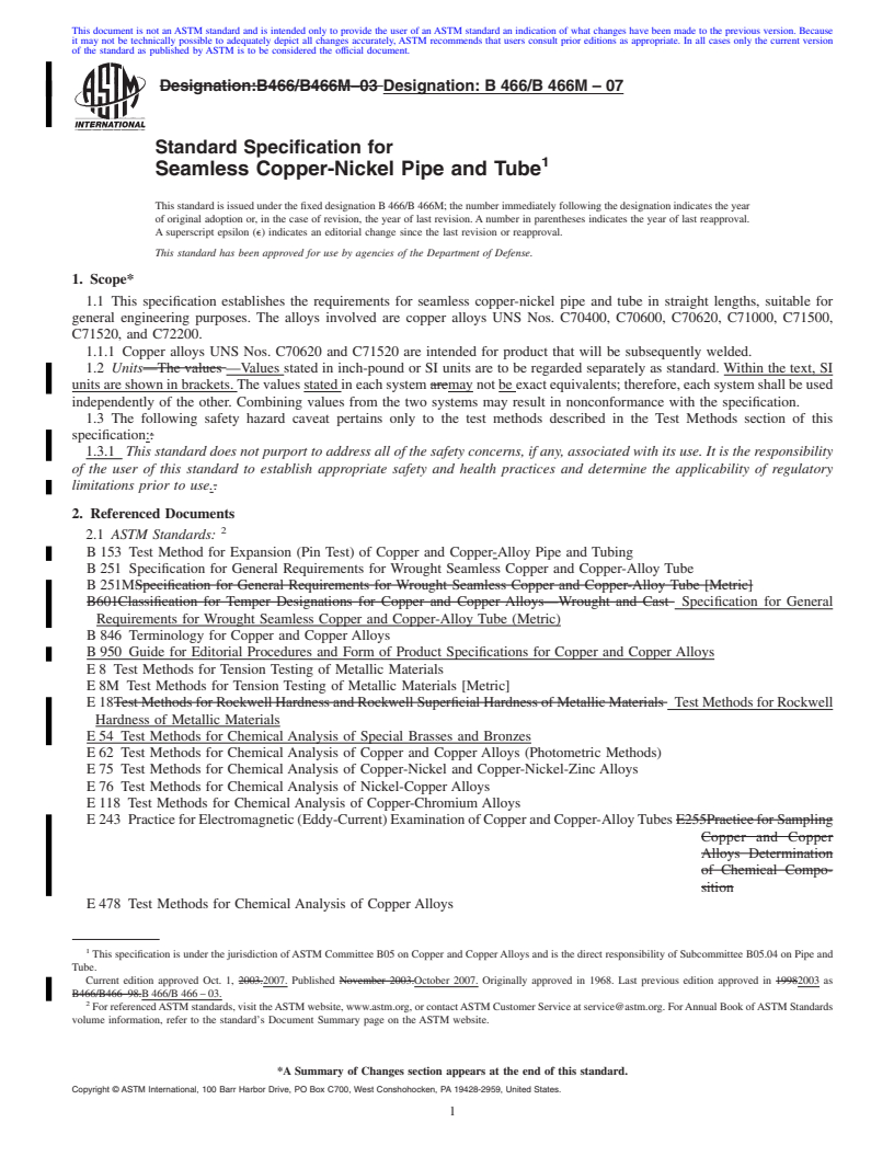 REDLINE ASTM B466/B466M-07 - Standard Specification for Seamless Copper-Nickel Pipe and Tube