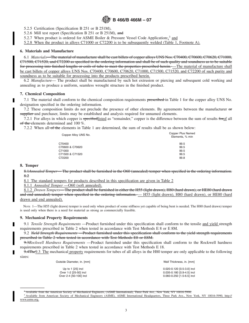 REDLINE ASTM B466/B466M-07 - Standard Specification for Seamless Copper-Nickel Pipe and Tube