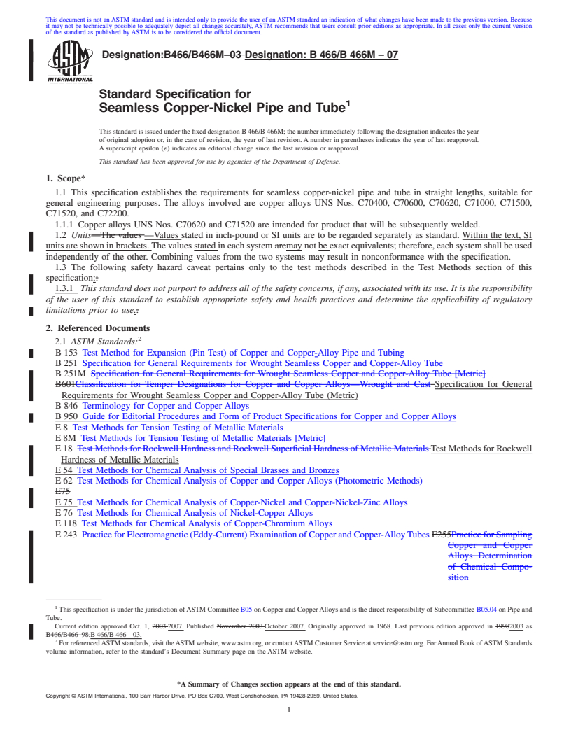 REDLINE ASTM B466/B466M-07 - Standard Specification for Seamless Copper-Nickel Pipe and Tube