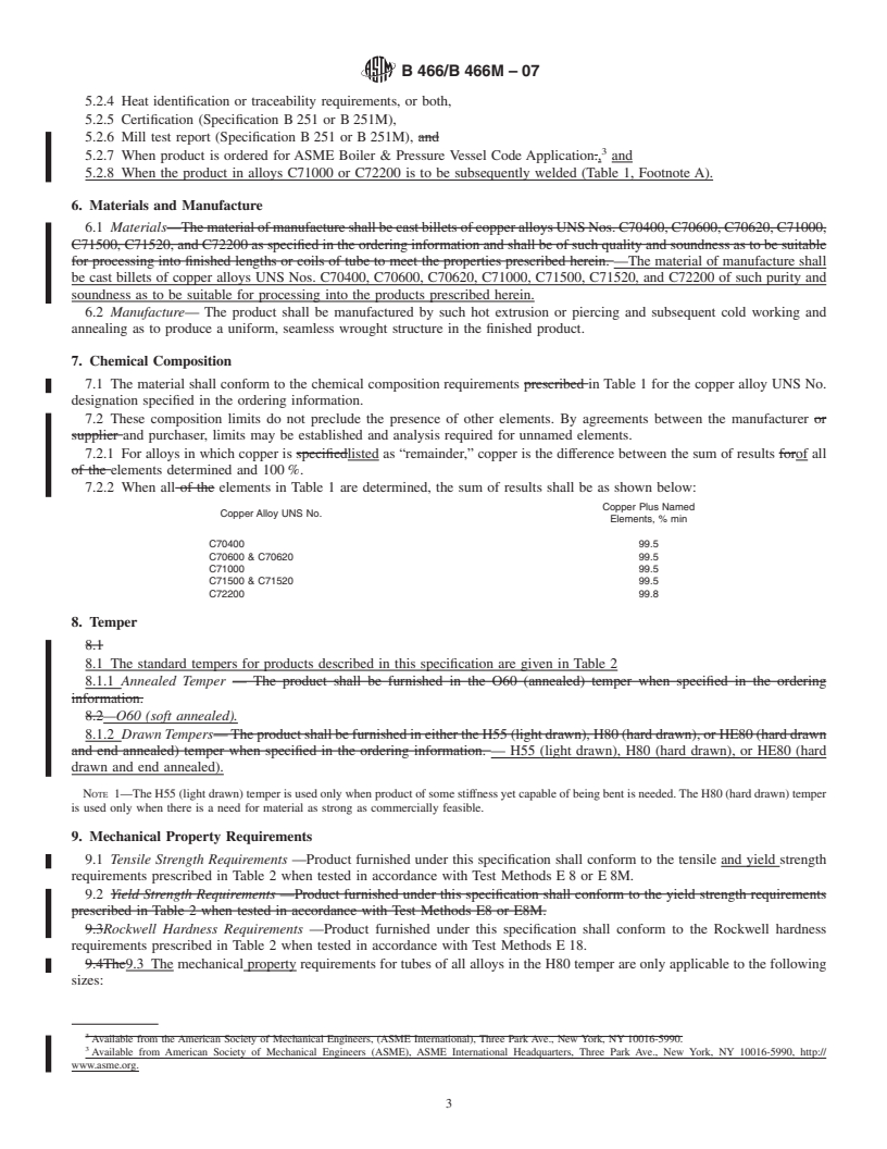 REDLINE ASTM B466/B466M-07 - Standard Specification for Seamless Copper-Nickel Pipe and Tube