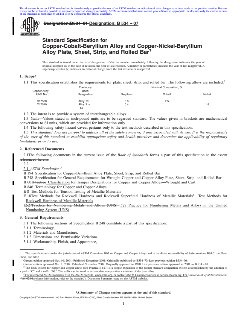 REDLINE ASTM B534-07 - Standard Specification for Copper-Cobalt-Beryllium Alloy and Copper-Nickel-Beryllium Alloy Plate, Sheet, Strip, and Rolled Bar