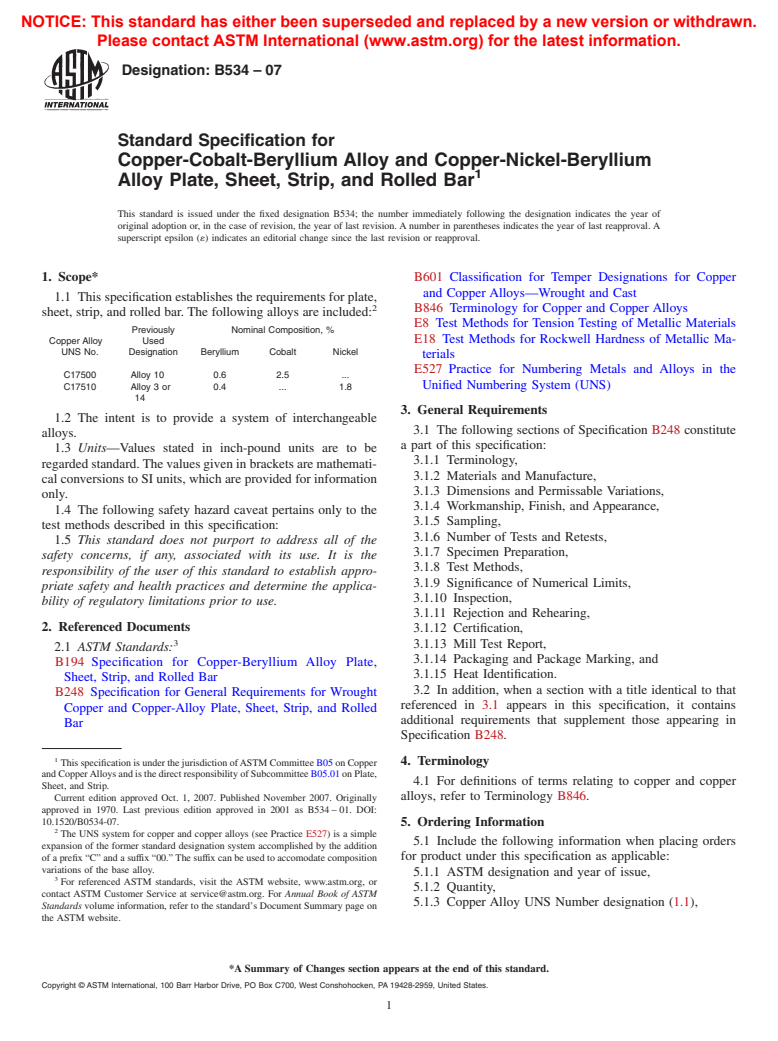 ASTM B534-07 - Standard Specification for Copper-Cobalt-Beryllium Alloy and Copper-Nickel-Beryllium Alloy Plate, Sheet, Strip, and Rolled Bar