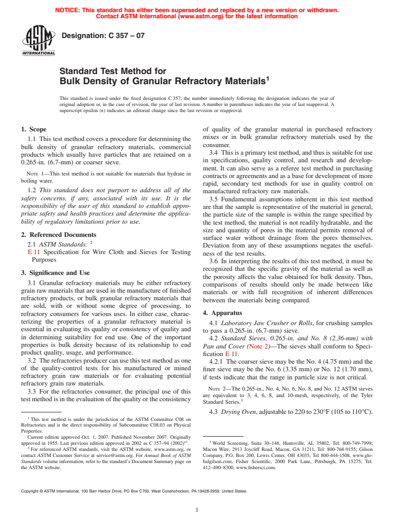 ASTM C357-07 - Standard Test Method for Bulk Density of Granular Refractory Materials