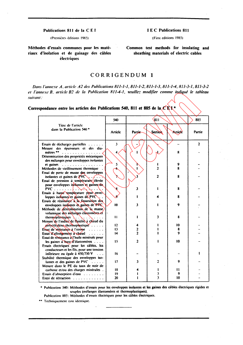 IEC 60811-1-4:1985/COR1:1986 - Corrigendum 1 - Common test methods for insulating and sheathing materials of electric cables - Part 1: Methods for general application - Section Four: Tests at low temperature
Released:5/1/1986