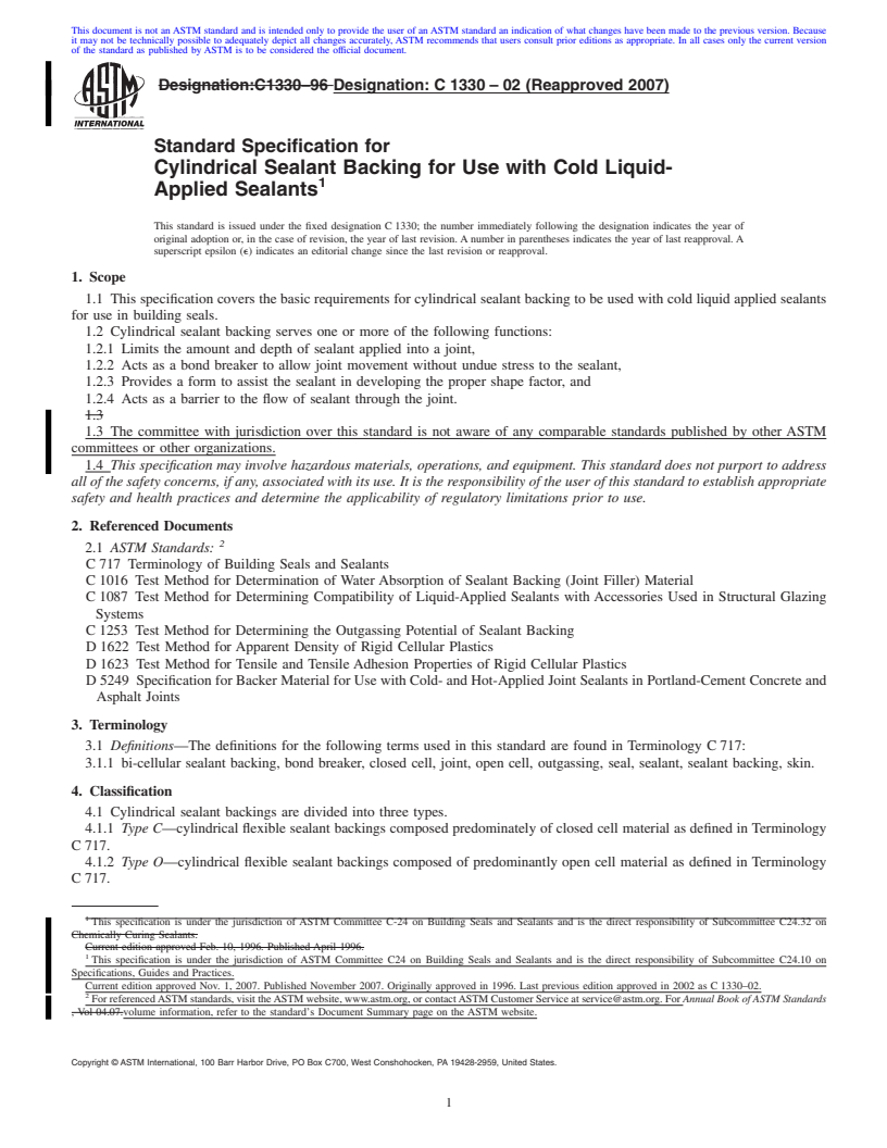 REDLINE ASTM C1330-02(2007) - Standard Specification for Cylindrical Sealant Backing for Use with Cold Liquid Applied Sealants