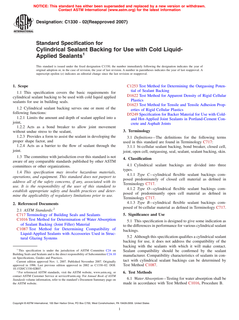 ASTM C1330-02(2007) - Standard Specification for Cylindrical Sealant Backing for Use with Cold Liquid Applied Sealants