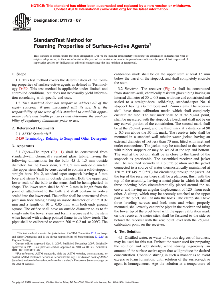 ASTM D1173-07 - Standard Test Method for Foaming Properties of Surface-Active Agents