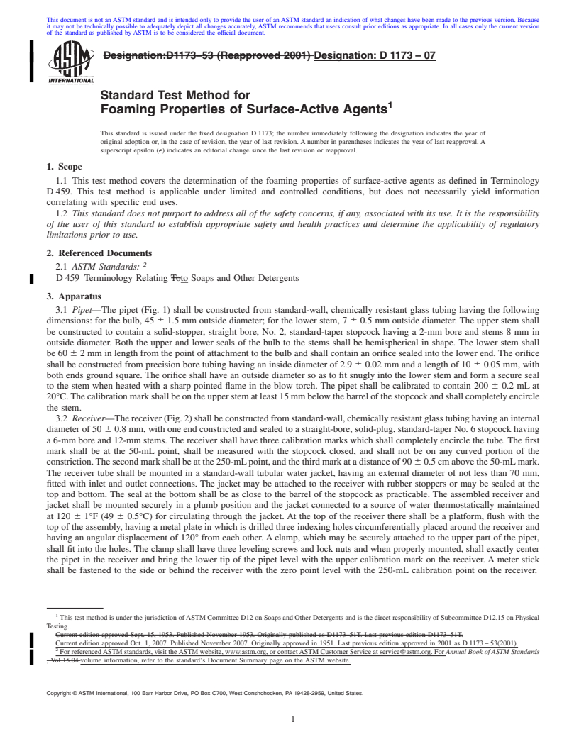 REDLINE ASTM D1173-07 - Standard Test Method for Foaming Properties of Surface-Active Agents