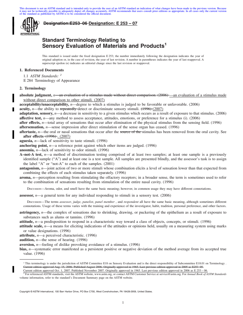 REDLINE ASTM E253-07 - Standard Terminology Relating to Sensory Evaluation of Materials and Products