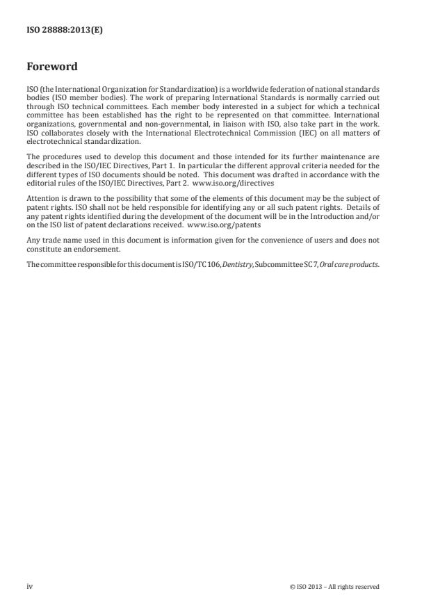 ISO 28888:2013 ISO 28888:2013 - Dentistry -- Screening method for erosion potential of oral rinses on dental hard tissues - Page 4 preview