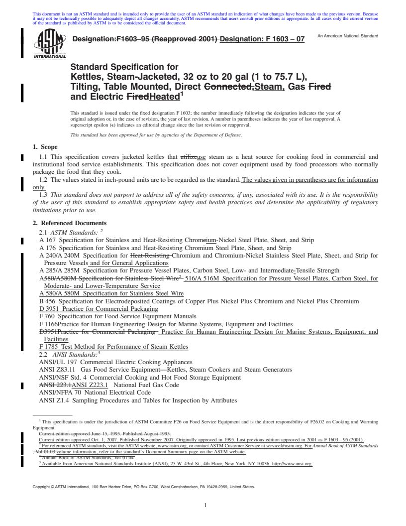 REDLINE ASTM F1603-07 - Standard Specification for Kettles, Steam-Jacketed, 32 oz to 20 gal (1 to 75.7 L), Tilting, Table Mounted, Direct Steam, Gas and Electric Heated