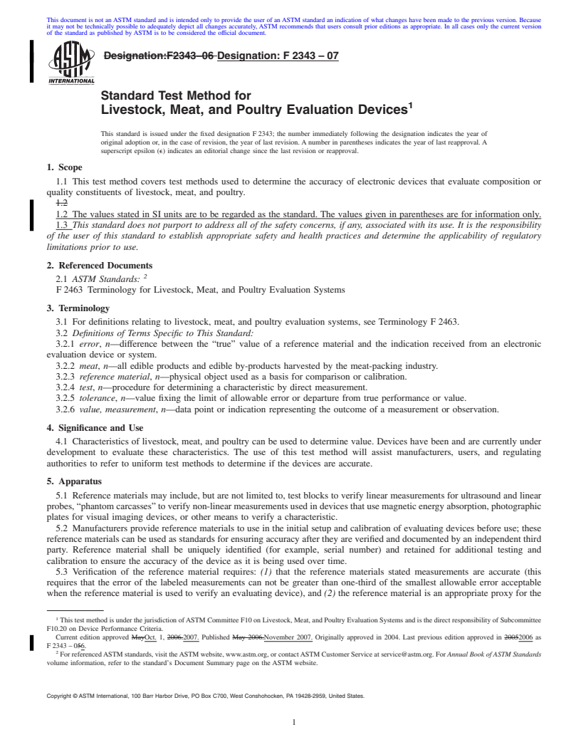 REDLINE ASTM F2343-07 - Standard Test Method for Livestock, Meat, and Poultry Evaluation Devices