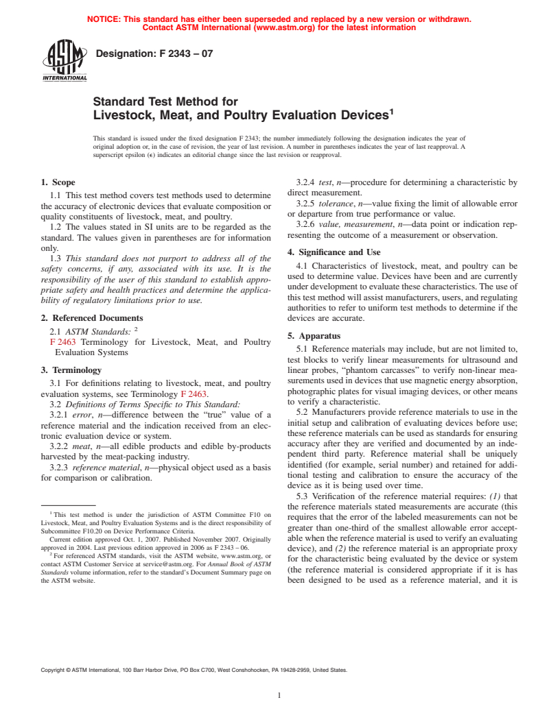 ASTM F2343-07 - Standard Test Method for Livestock, Meat, and Poultry Evaluation Devices