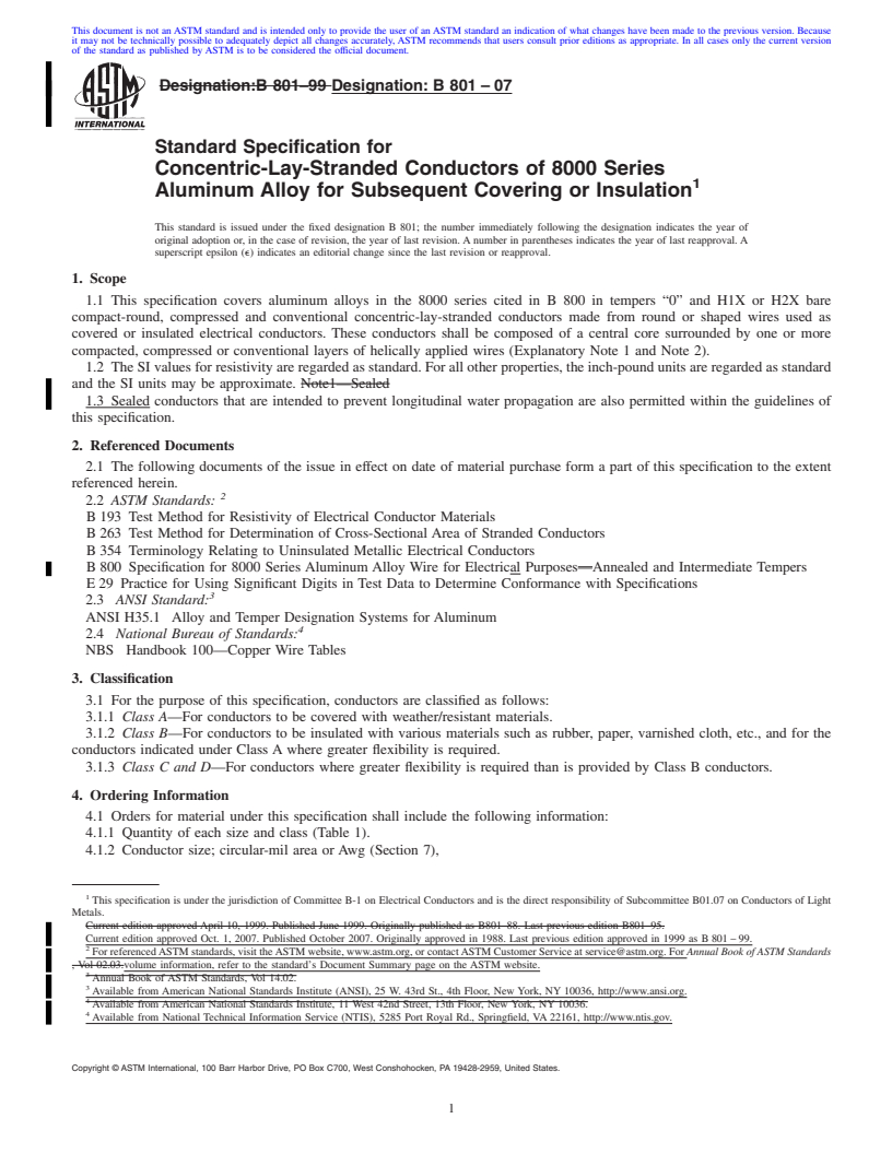 REDLINE ASTM B801-07 - Standard Specification for Concentric-Lay-Stranded Conductors of 8000 Series Aluminum Alloy for Subsequent Covering or Insulation