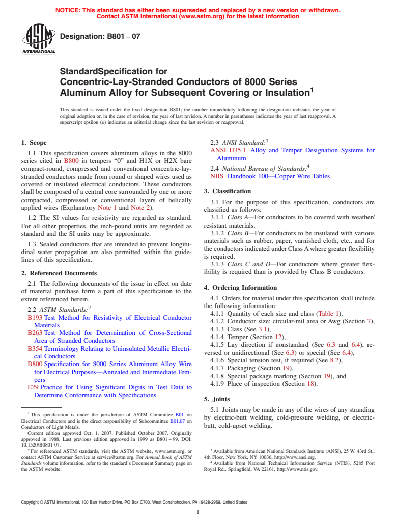 ASTM B801-07 - Standard Specification for Concentric-Lay-Stranded Conductors of 8000 Series Aluminum Alloy for Subsequent Covering or Insulation