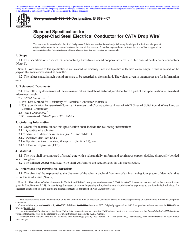 REDLINE ASTM B869-07 - Standard Specification for Copper-Clad Steel Electrical Conductor for CATV Drop Wire