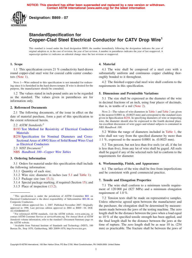 ASTM B869-07 - Standard Specification for Copper-Clad Steel Electrical Conductor for CATV Drop Wire