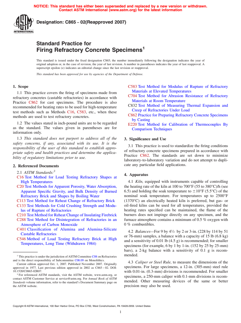 ASTM C865-02(2007) - Standard Practice for Firing Refractory Concrete Specimens