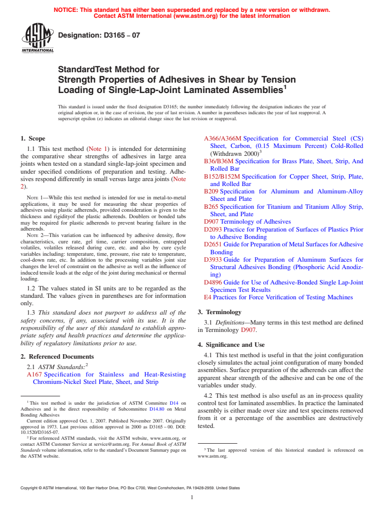 ASTM D3165-07 - Standard Test Method for Strength Properties of Adhesives in Shear by Tension Loading of Single-Lap-Joint Laminated Assemblies