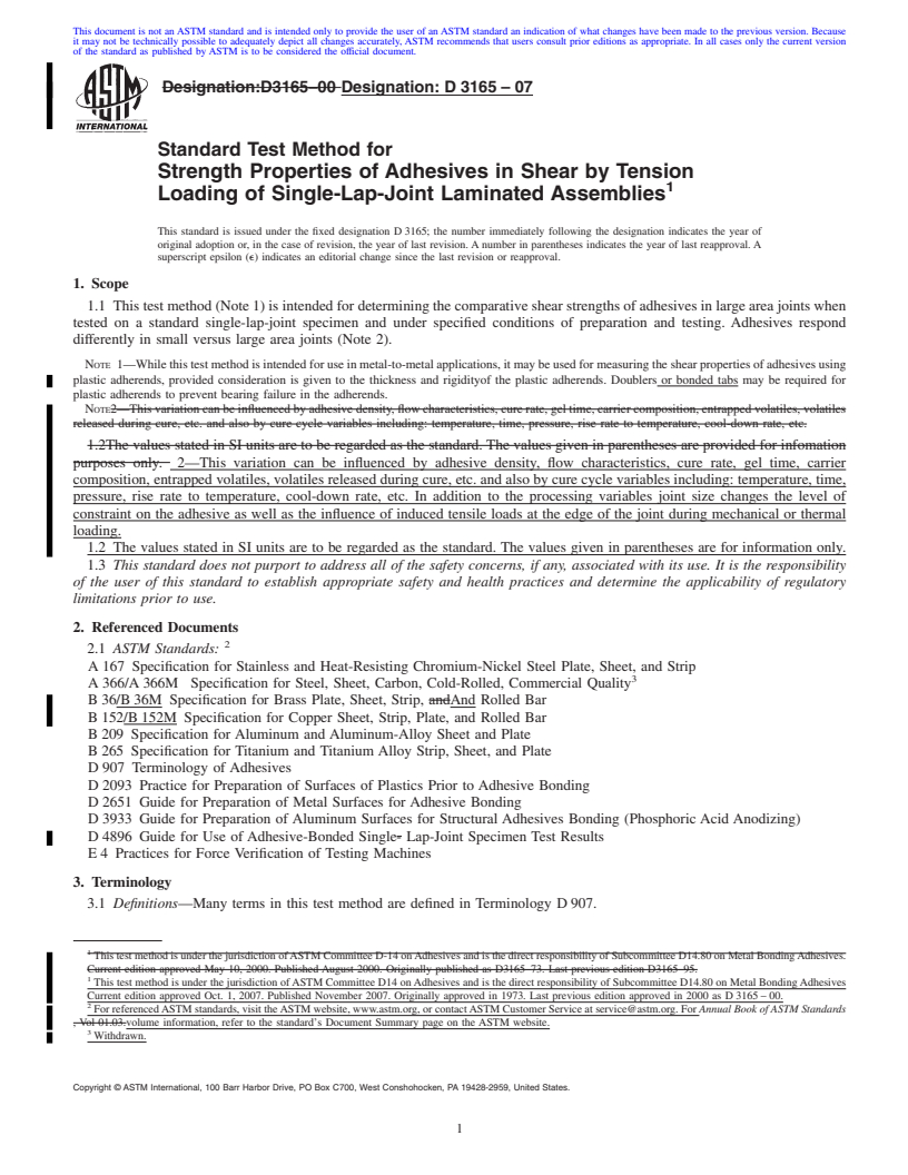 REDLINE ASTM D3165-07 - Standard Test Method for Strength Properties of Adhesives in Shear by Tension Loading of Single-Lap-Joint Laminated Assemblies