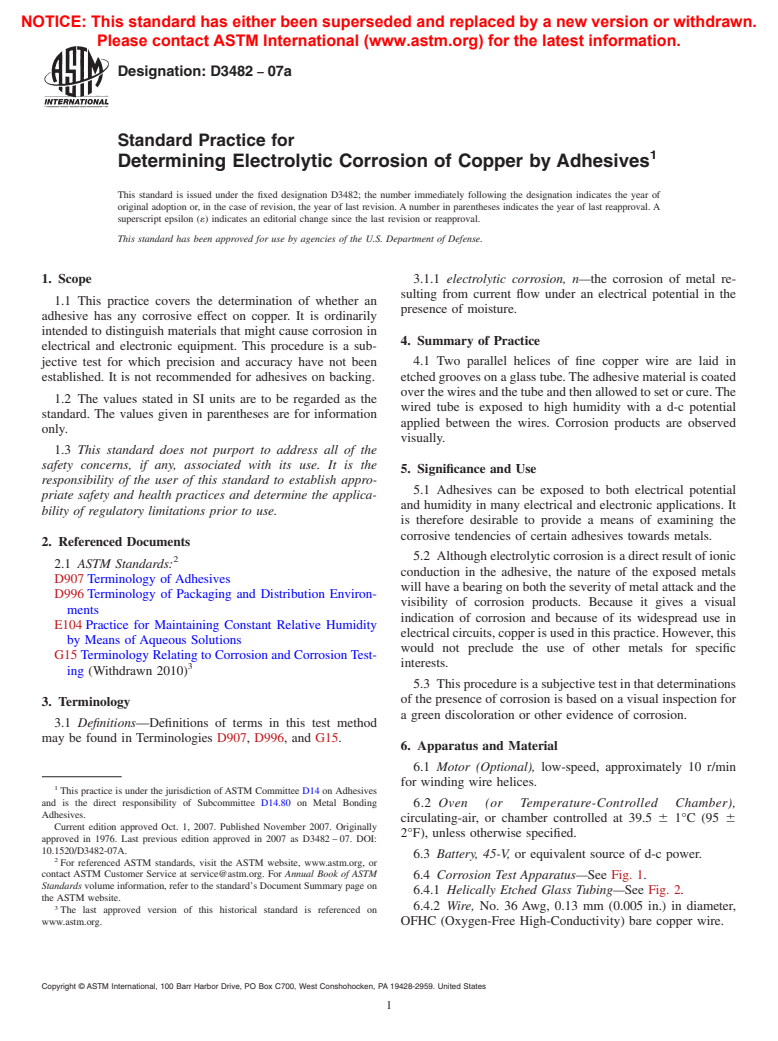 ASTM D3482-07a - Standard Practice for Determining Electrolytic Corrosion of Copper by Adhesives