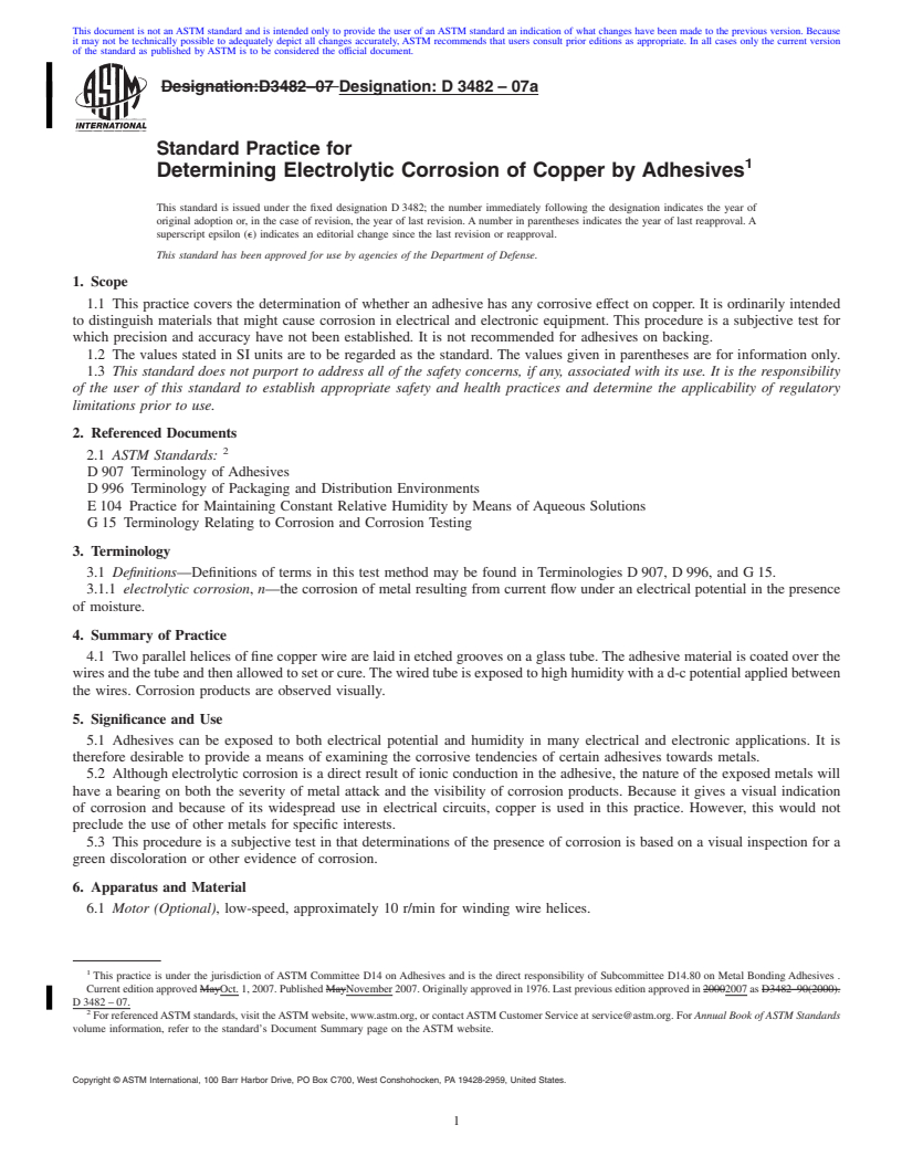 REDLINE ASTM D3482-07a - Standard Practice for Determining Electrolytic Corrosion of Copper by Adhesives