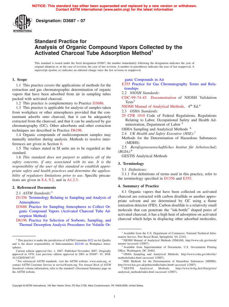 ASTM D3687-07 - Standard Practice for Analysis of Organic Compound Vapors Collected by the Activated Charcoal Tube Adsorption Method