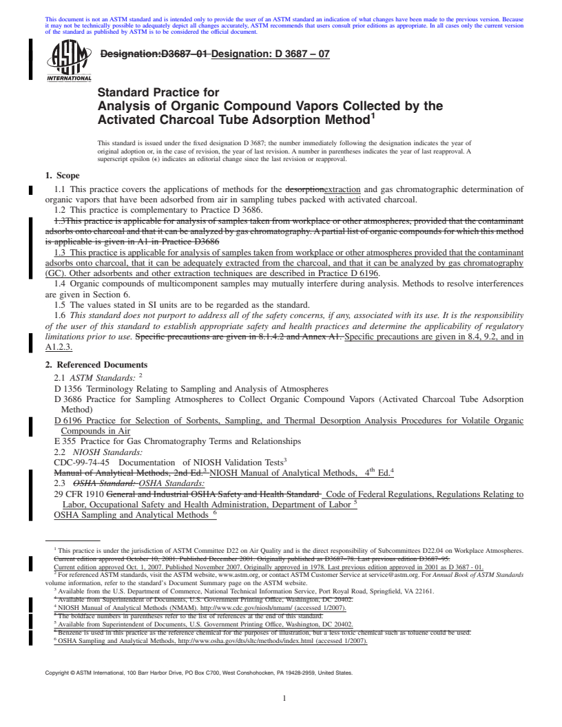 REDLINE ASTM D3687-07 - Standard Practice for Analysis of Organic Compound Vapors Collected by the Activated Charcoal Tube Adsorption Method