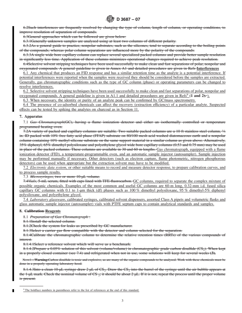 REDLINE ASTM D3687-07 - Standard Practice for Analysis of Organic Compound Vapors Collected by the Activated Charcoal Tube Adsorption Method