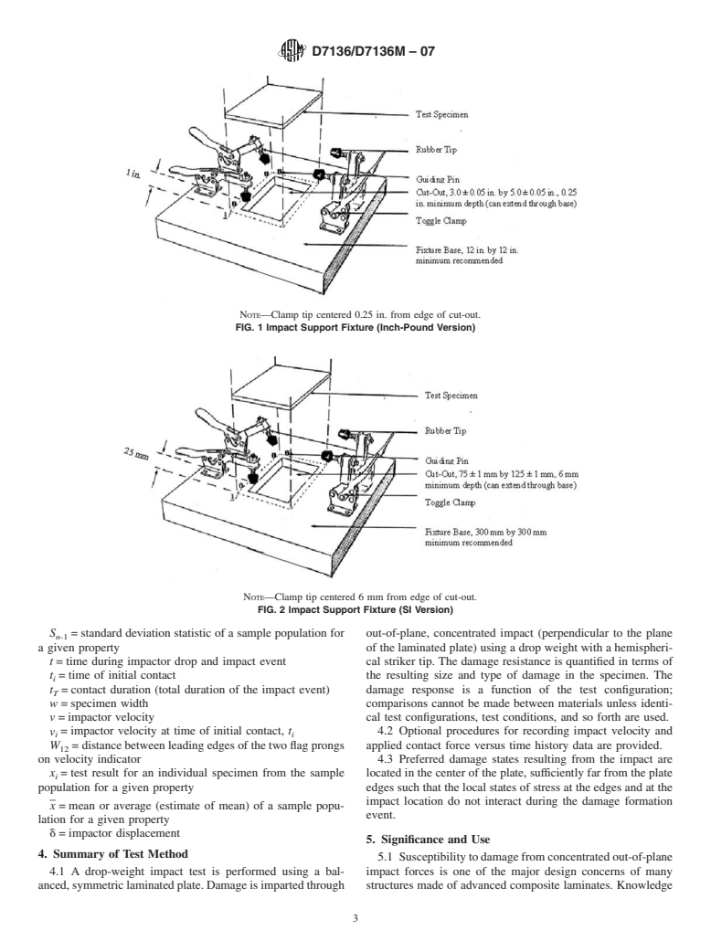 ASTM D7136/D7136M-07 - Standard Test Method for Measuring the Damage Resistance of a Fiber-Reinforced Polymer Matrix Composite to a Drop-Weight Impact Event