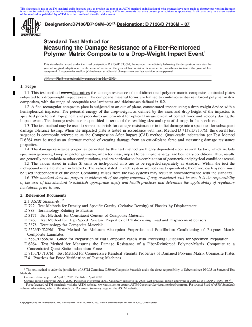 REDLINE ASTM D7136/D7136M-07 - Standard Test Method for Measuring the Damage Resistance of a Fiber-Reinforced Polymer Matrix Composite to a Drop-Weight Impact Event