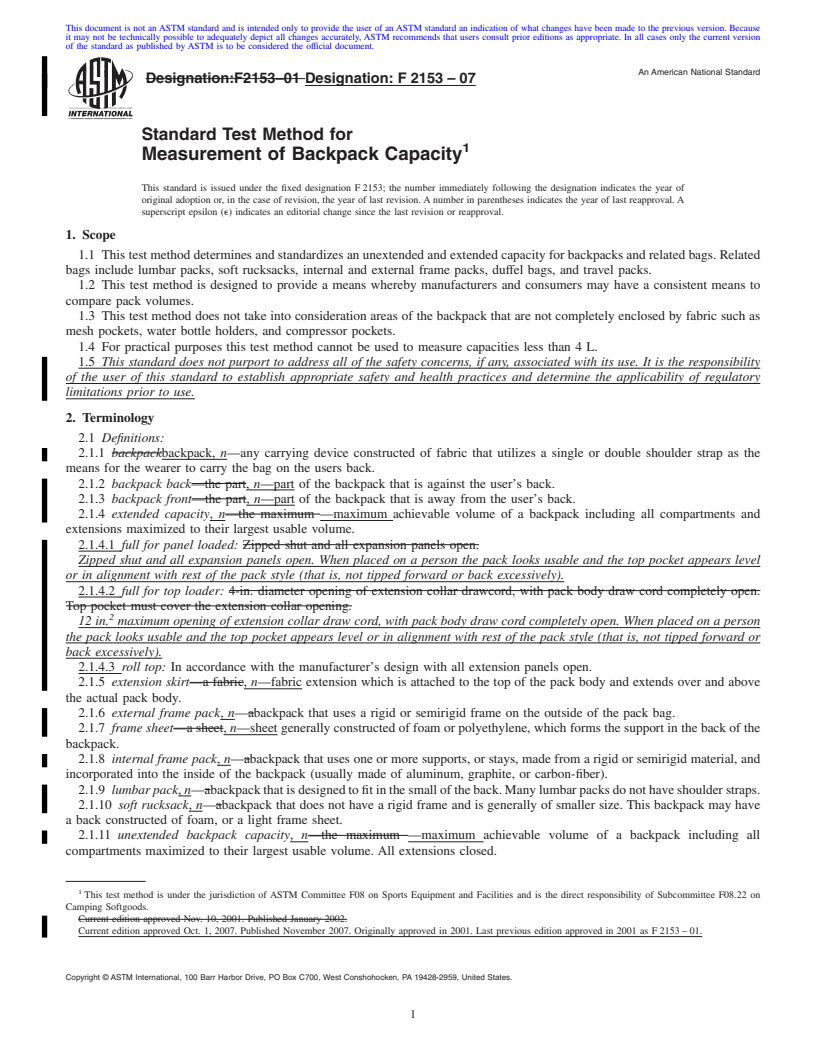 REDLINE ASTM F2153-07 - Standard Test Method for Measurement of Backpack Capacity