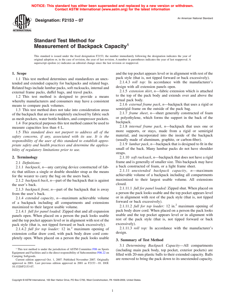 ASTM F2153-07 - Standard Test Method for Measurement of Backpack Capacity