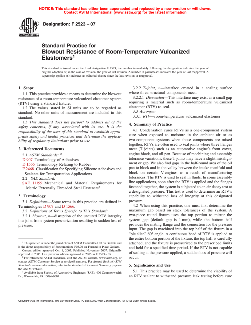 ASTM F2523-07 - Standard Practice for Blowout Resistance of Room-Temperature Vulcanized Elastomers