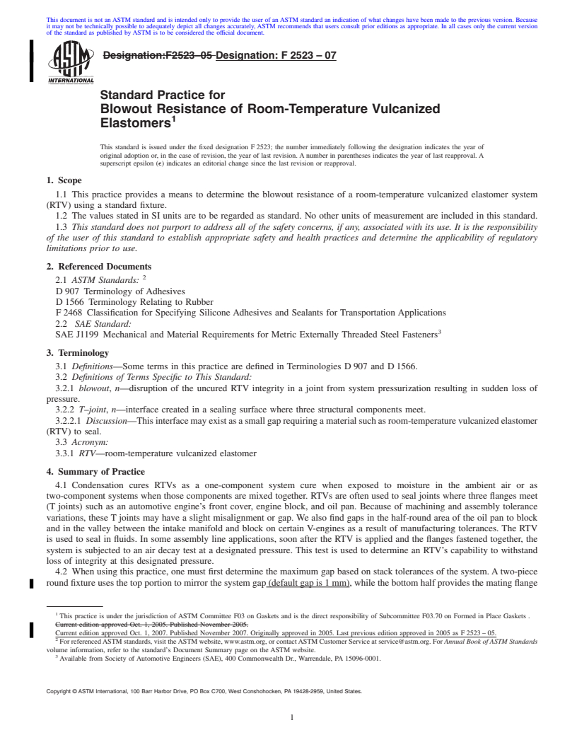 REDLINE ASTM F2523-07 - Standard Practice for Blowout Resistance of Room-Temperature Vulcanized Elastomers