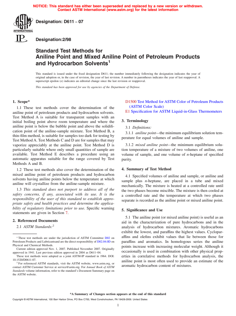 ASTM D611-07 - Standard Test Methods for Aniline Point and Mixed Aniline Point of Petroleum Products and Hydrocarbon Solvents