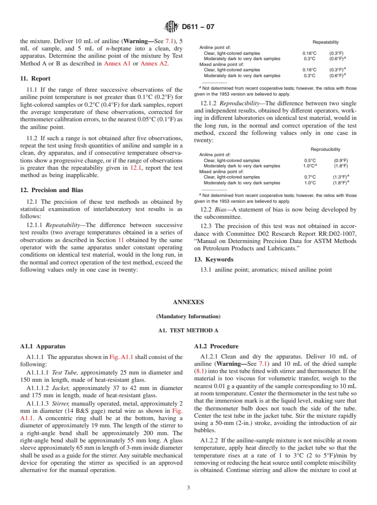 ASTM D611-07 - Standard Test Methods for Aniline Point and Mixed Aniline Point of Petroleum Products and Hydrocarbon Solvents