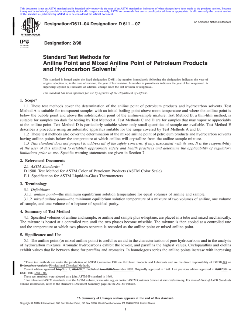 REDLINE ASTM D611-07 - Standard Test Methods for Aniline Point and Mixed Aniline Point of Petroleum Products and Hydrocarbon Solvents