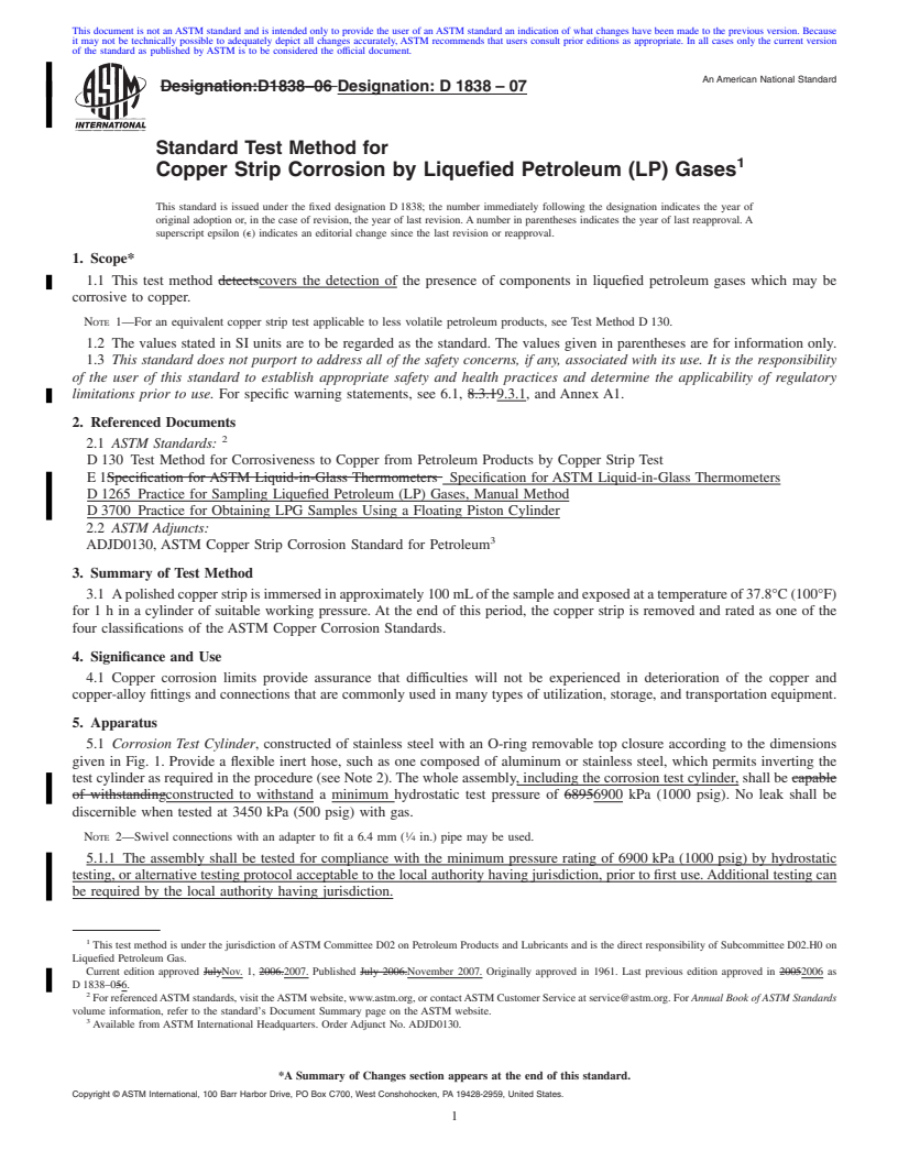 REDLINE ASTM D1838-07 - Standard Test Method for Copper Strip Corrosion by Liquefied Petroleum (LP) Gases