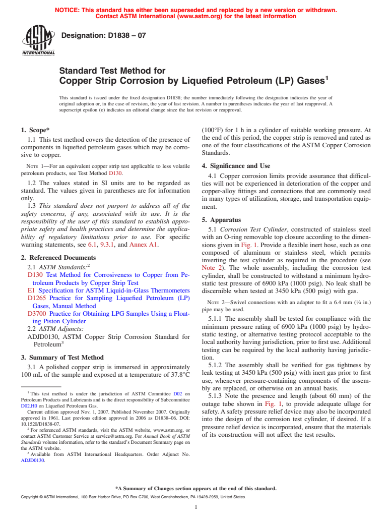 ASTM D1838-07 - Standard Test Method for Copper Strip Corrosion by Liquefied Petroleum (LP) Gases
