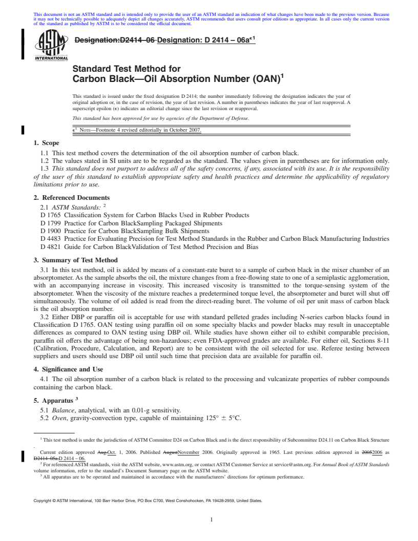 REDLINE ASTM D2414-06ae1 - Standard Test Method for Carbon Black-Oil Absorption Number (OAN)