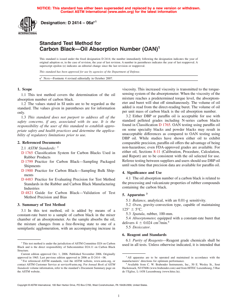 ASTM D2414-06ae1 - Standard Test Method for Carbon Black-Oil Absorption Number (OAN)