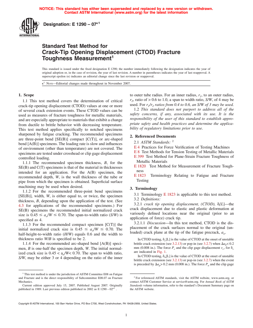 ASTM E1290-07e1 - Standard Test Method for Crack-Tip Opening Displacement (CTOD) Fracture Toughness Measurement